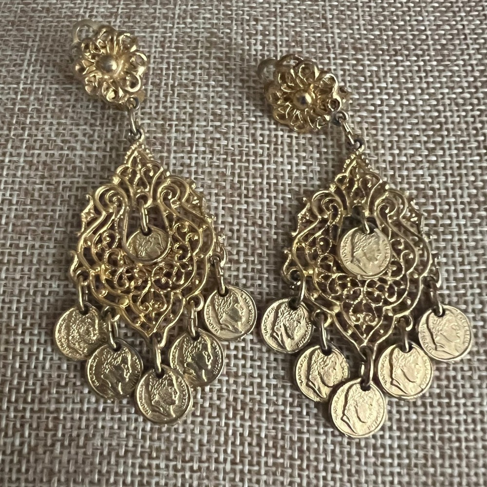 Vintage Gold Filigree Napoleon Coin Dangle Clip On Earrings OS Cottagecore
